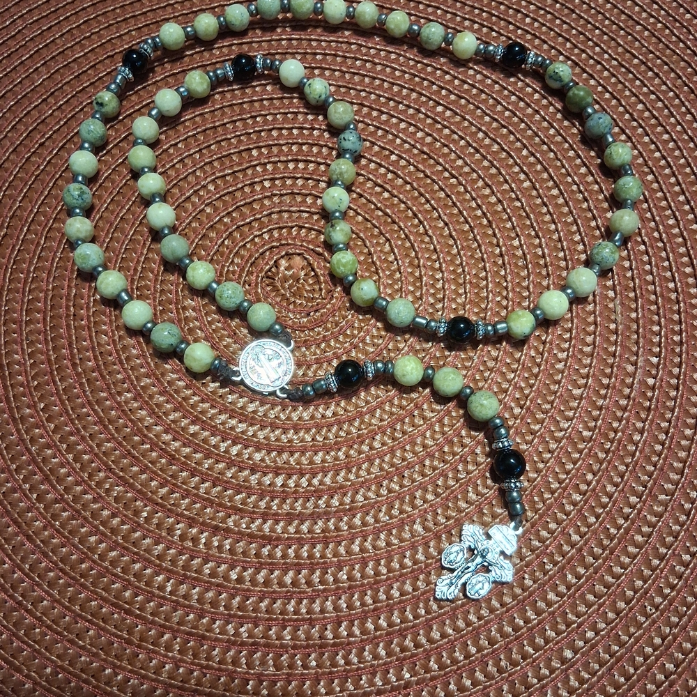 handcrafted yellow turquoise and black agate rosary